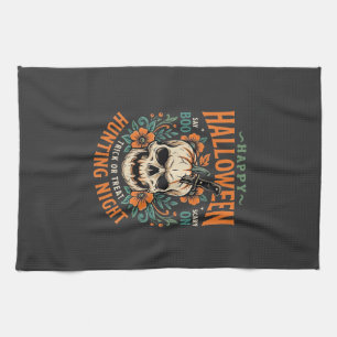 Halloween Skull Pumpkin Hunting Night Design_1 Tea Towel