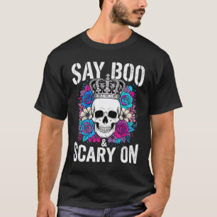 Halloween Skull Say Boo and Scary On Floral T-Shirt