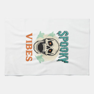 Halloween Skull Spooky Vibes Vintage Horror_1 Tea Towel