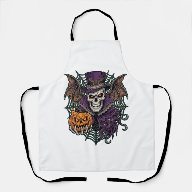 Halloween Skull Top Hat Bat Wings Pumpkin Spider W Apron (Front)