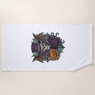 Halloween Skull Top Hat Bat Wings Pumpkin Spider W Beach Towel