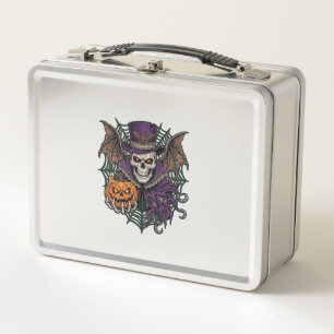 Halloween Skull Top Hat Bat Wings Pumpkin Spider W Metal Lunch Box