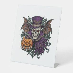 Halloween Skull Top Hat Bat Wings Pumpkin Spider W Pedestal Sign