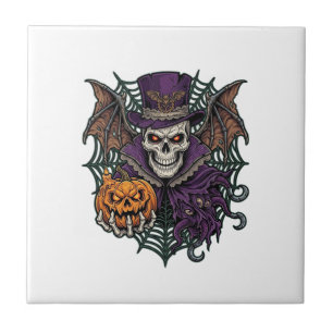 Halloween Skull Top Hat Bat Wings Pumpkin Spider W Tile