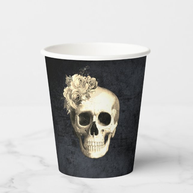 Halloween Skull White Roses  Paper Cups (Front)