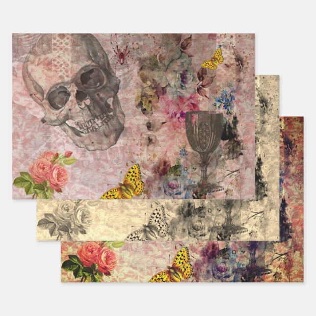 Halloween Skull, Wine Glass and Yellow Butterfly Wrapping Paper Sheet (Set)