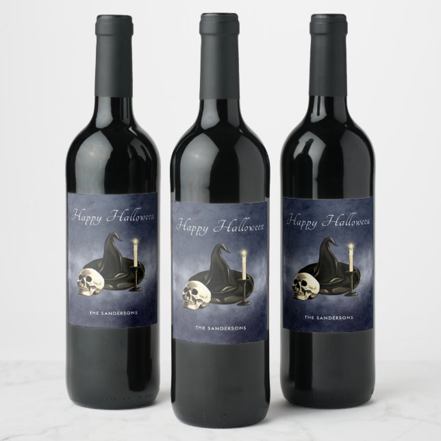  Halloween Skull Witch Hat Candle Personalised  Wine Label (Bottles)
