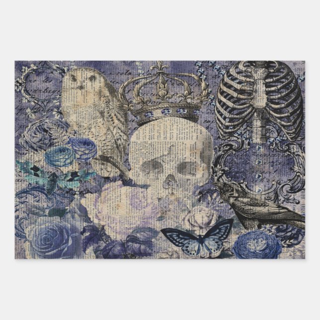 Halloween Skull with crown and owl Wrapping Paper Sheet (Front)
