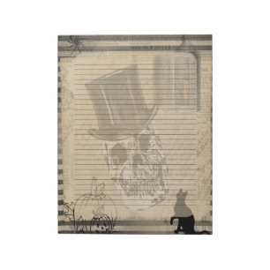 Halloween Skull With Hat and Black Cat Vintage Notepad