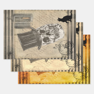 Halloween Skull With Hat and Black Cat Vintage Wrapping Paper Sheet