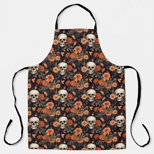 Halloween Skulls and Florals Spooky Fun Pattern Apron (Front)
