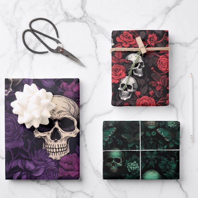 Halloween Skulls and Flowers Wrapping Paper Sheet (Front)
