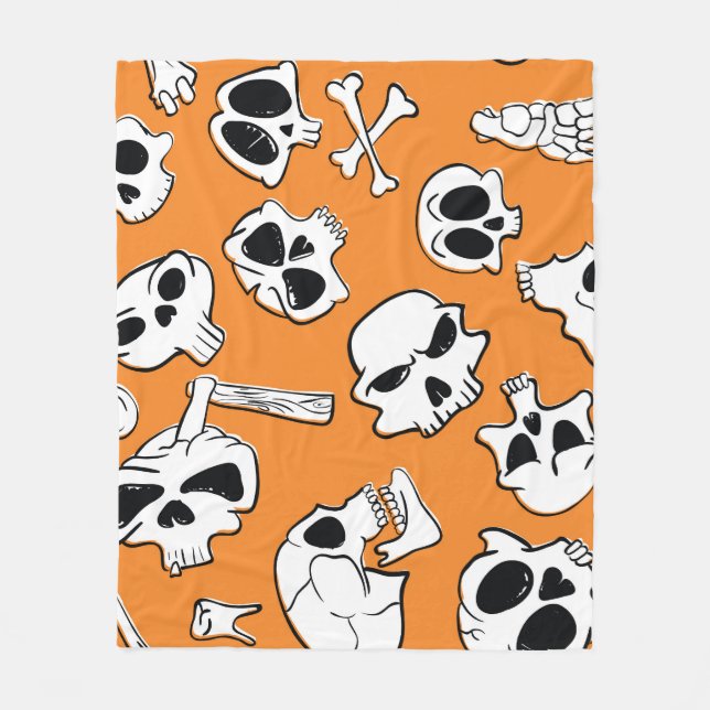 Halloween Skulls Bones Doodle Pattern Fleece Blanket (Front)
