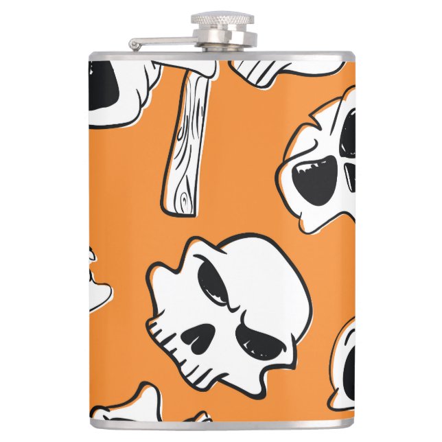 Halloween Skulls Bones Doodle Pattern Hip Flask (Front)