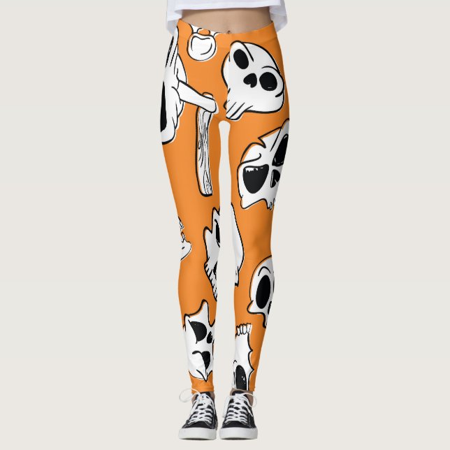 Halloween Skulls Bones Doodle Pattern Leggings (Front)