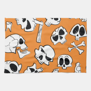 Halloween Skulls Bones Doodle Pattern Tea Towel