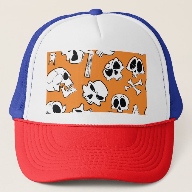 Halloween Skulls Bones Doodle Pattern Trucker Hat (Front)