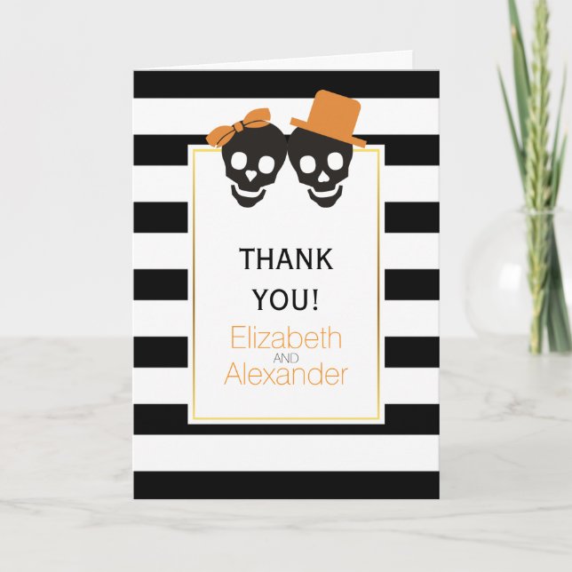 Halloween skulls stripes wedding Thank You photo Card (Front)