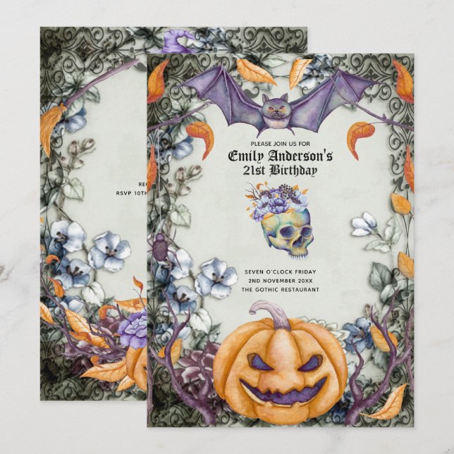 Halloween Skulls Trendy Party Invites Watercolor (Front/Back)