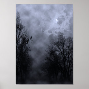 Halloween Sky with Ravens Blue Mist Poster