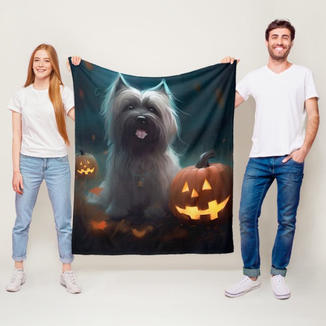 Halloween Skye Terrier With Pumpkins Scary  Fleece Blanket (In Situ)