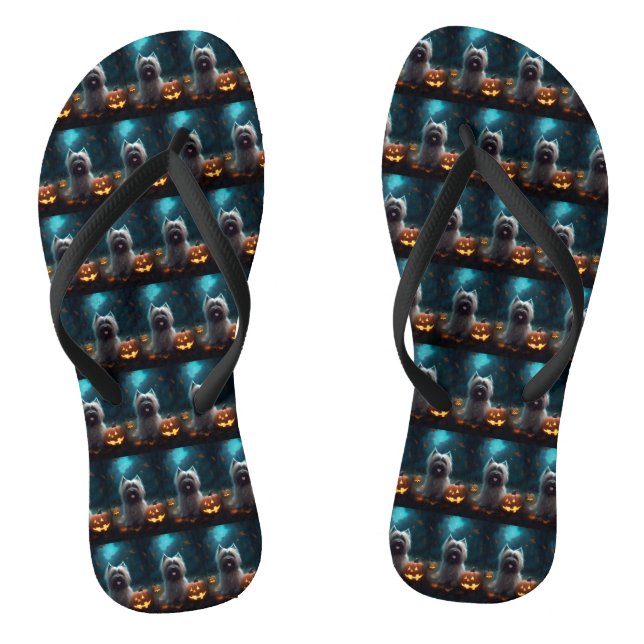 Halloween Skye Terrier With Pumpkins Scary  Flip Flops (Footbed)
