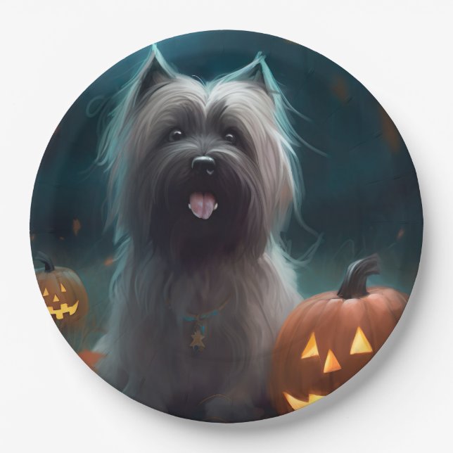Halloween Skye Terrier With Pumpkins Scary  Paper Plate (Front)