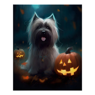 Halloween Skye Terrier With Pumpkins Scary  Poster