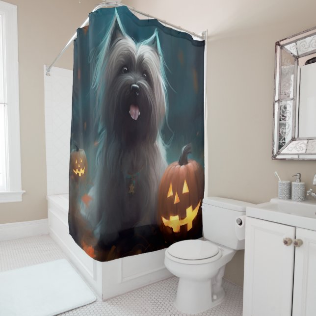 Halloween Skye Terrier With Pumpkins Scary  Shower Curtain (In Situ)