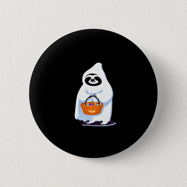 Halloween sloth dressed as ghost going trick or tr 6 cm round badge (Front)