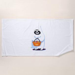 Halloween sloth dressed as ghost going trick or tr beach towel