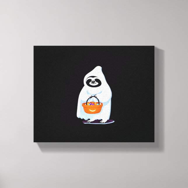 Halloween sloth dressed as ghost going trick or tr canvas print (Front)