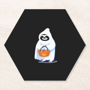 Halloween sloth dressed as ghost going trick or tr paper coaster
