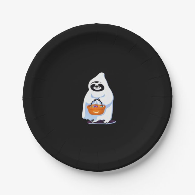 Halloween sloth dressed as ghost going trick or tr paper plate (Front)