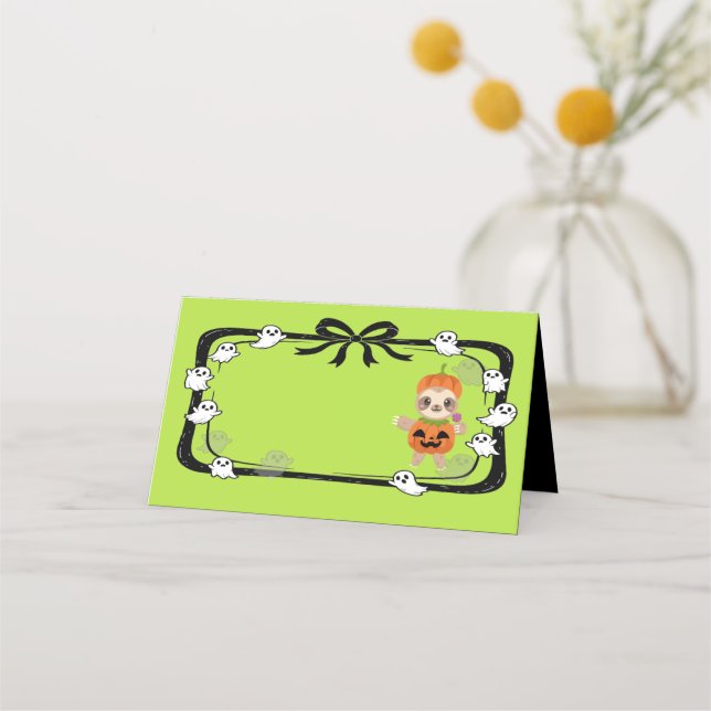 Halloween Sloth In Pumpkin Costume Place Card (Front)