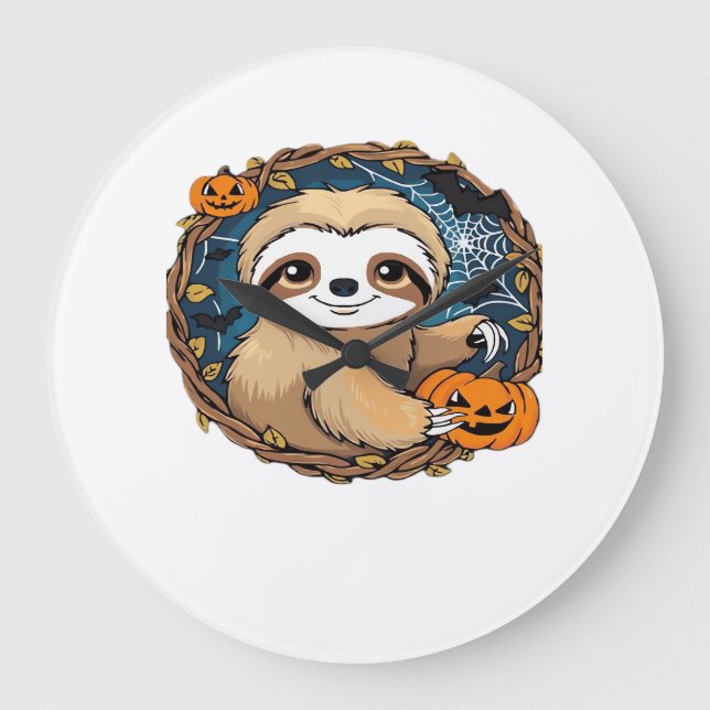 Halloween sloth, pumpkin, bat, spider, spider web  large clock (Front)