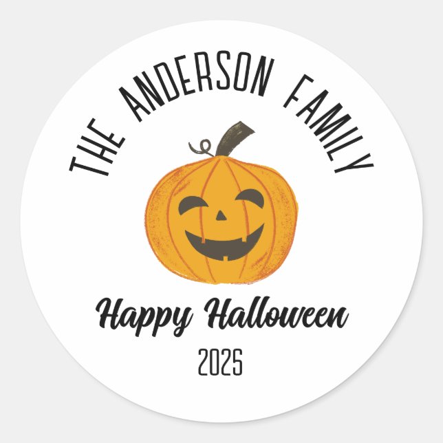 Halloween Smiling Pumpkin Face Personalised Name Classic Round Sticker (Front)