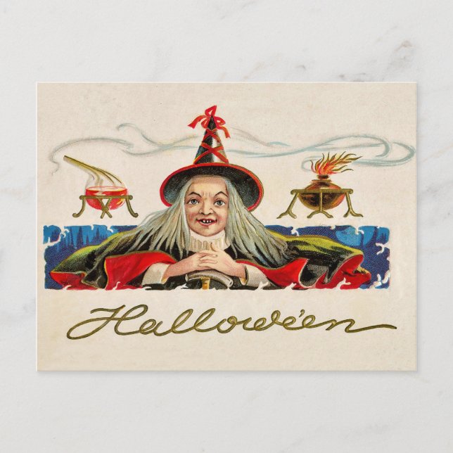 Halloween smiling witch, vintage holiday postcard (Front)