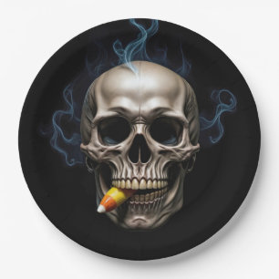 Halloween Smoking Skull Biting Candy Corn Paper Plate