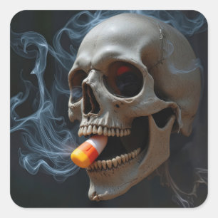 Halloween Smoking Skull Biting Candy Corn Square Sticker