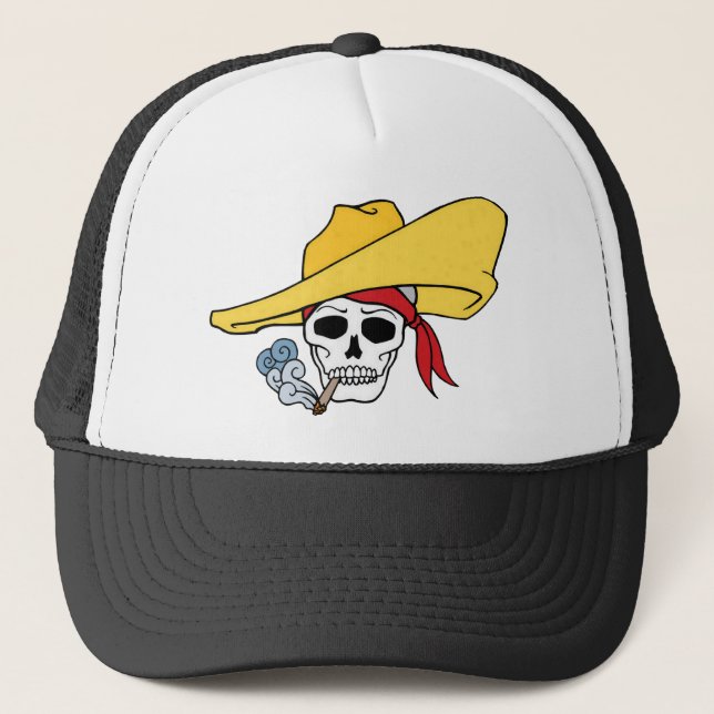 Halloween Smoking Skull with Bandanna Cartoon Trucker Hat (Front)