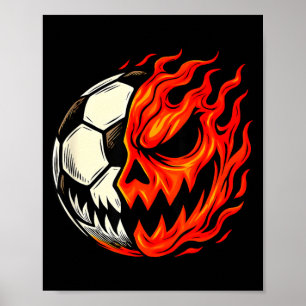 Halloween Soccer Ball Pumpkin Flame Scary Face Poster