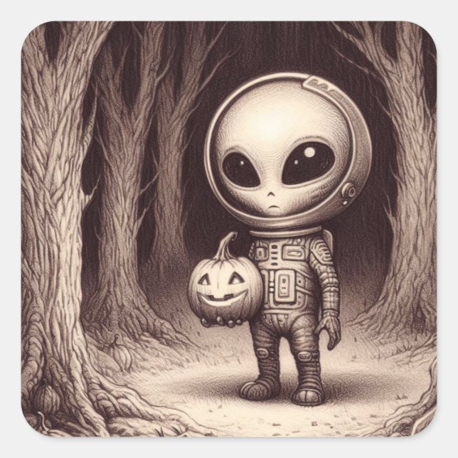 Halloween Space Alien with Jack-O-Lantern Square Sticker (Front)