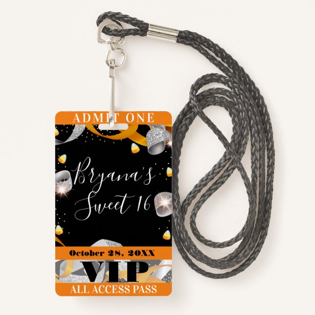 Halloween Sparkle Sweet 16 Party VIP Pass Badge ID Badge (Front with Lanyard)