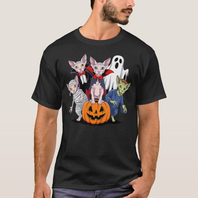 Halloween Sphynx Cat Ghost Vampire Mummy T-Shirt (Front)