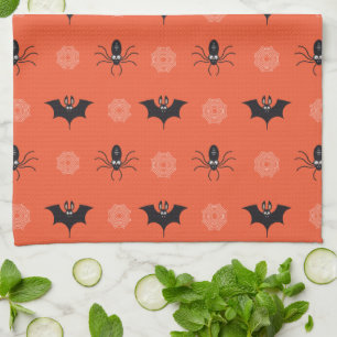 Halloween spider, bat & cobweb pattern tea towel