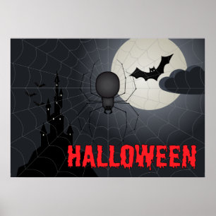 Halloween Spider in Spiderweb Night Scene Poster