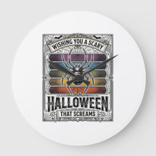 Halloween Spider Scary Retro Engraving Rainbow Web Large Clock