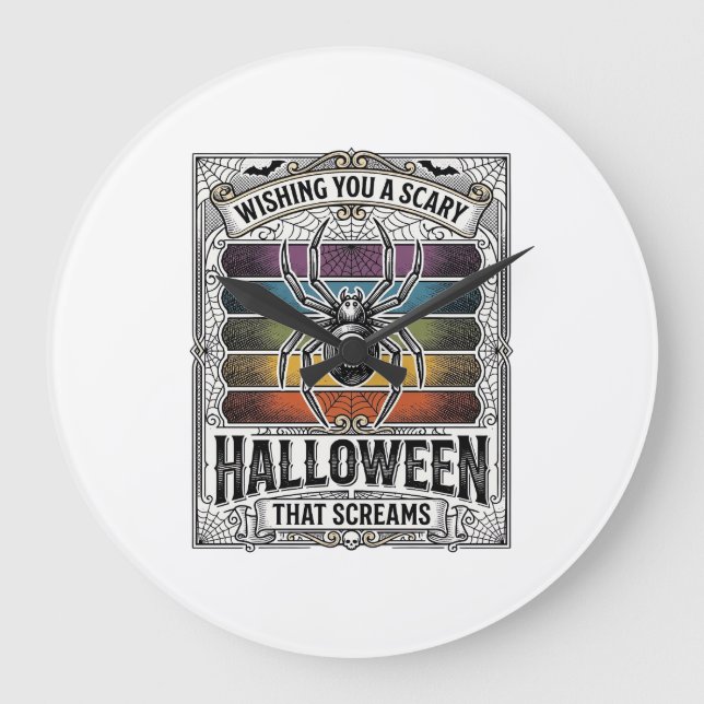 Halloween Spider Scary Retro Engraving Rainbow Web Large Clock (Front)