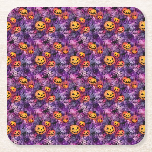 Halloween Spider Web and Jack O Lantern  Square Paper Coaster (Front)